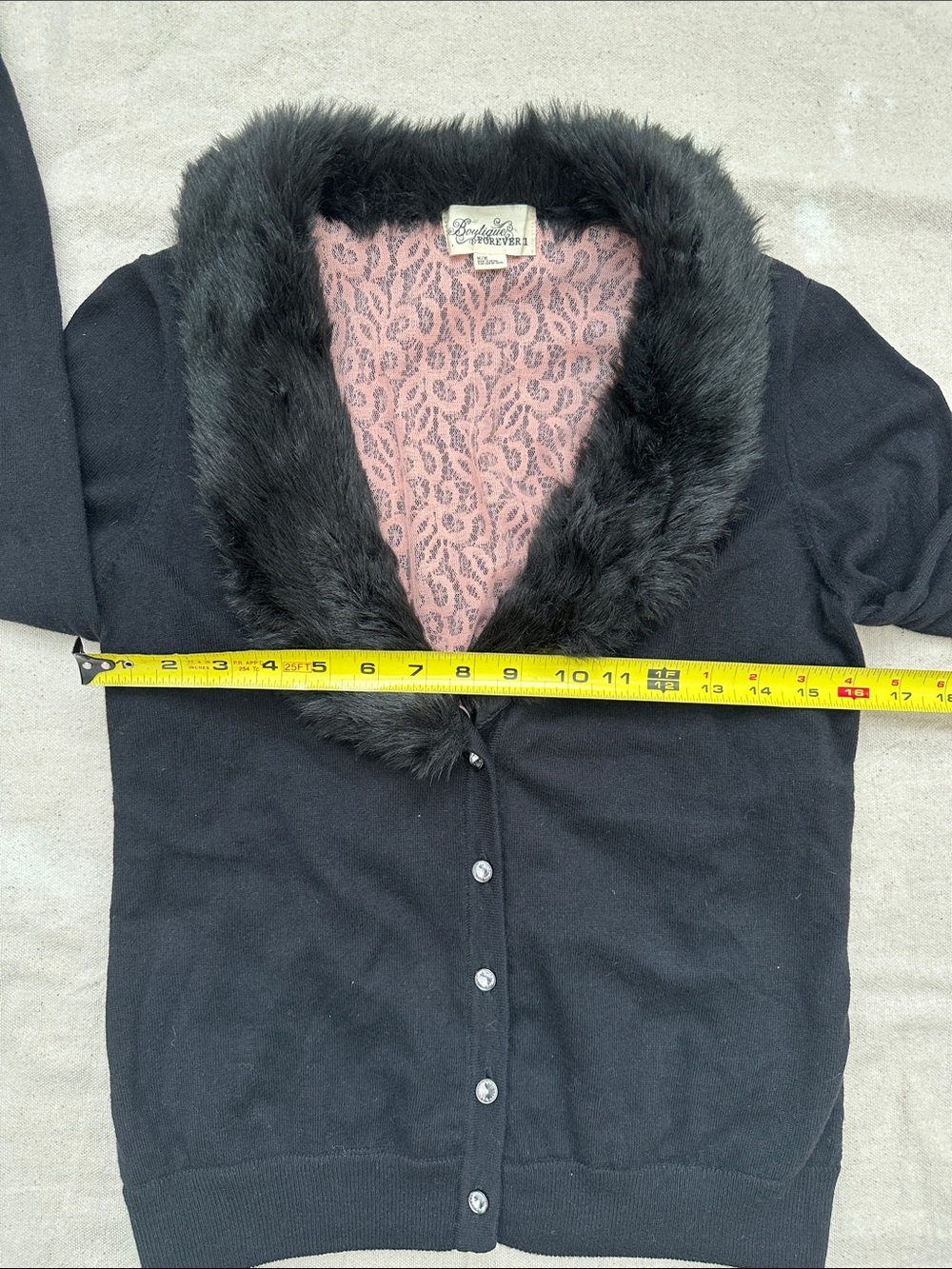 Y2K Forever 21 Faux Fur Trim Knit Cardigan Leopard Pink Lace Lining Size M - Picture 5 of 8